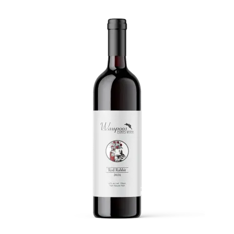 A bottle of Waupoos Red Rabbit red wine
