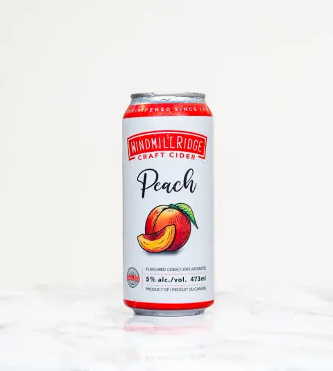 A can of Windmill Ridge Peach craft cider