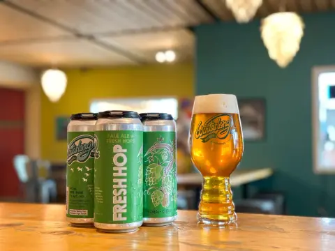 Winterlong Fresh Hop cans and a poured glass on the tasting-room bar
