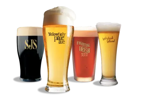 YellowBelly St. John's Stout, Pale Ale, Fighting Irish Red and Wexford Wheat in glasses